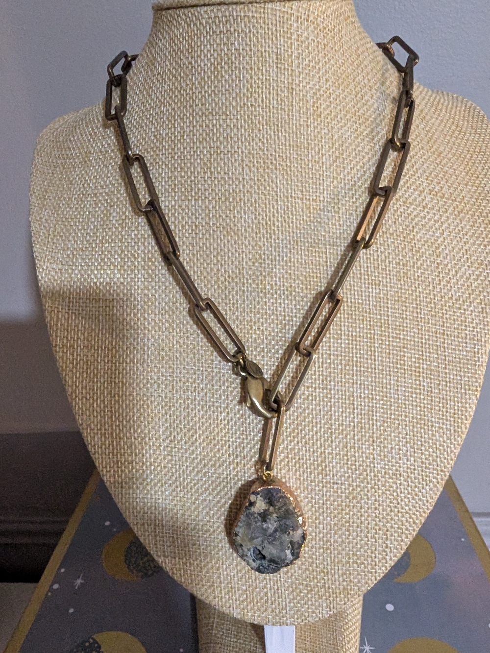 Gold-Tone Link Necklace with Natural Stone Pendant